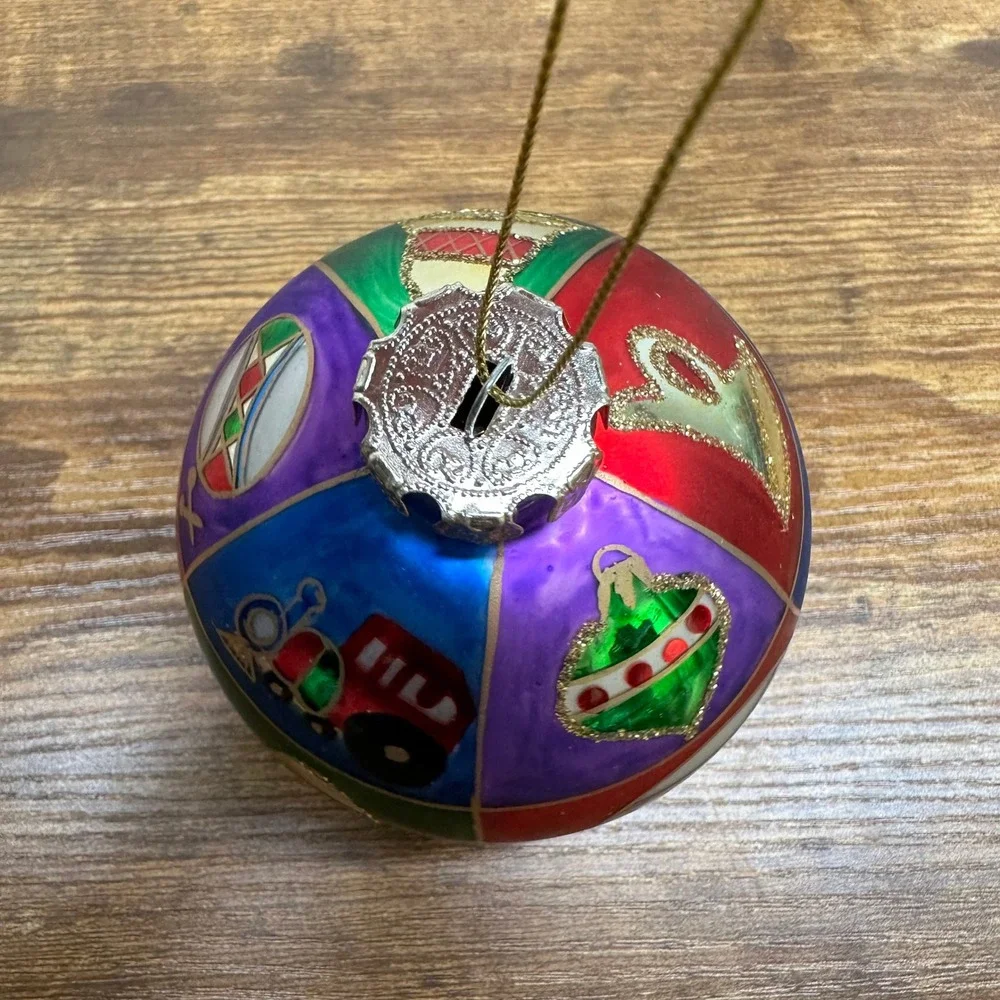 Hand Painted Glass Christmas‎ Patchwork Ornament Multi Color Glitter Train Bell
